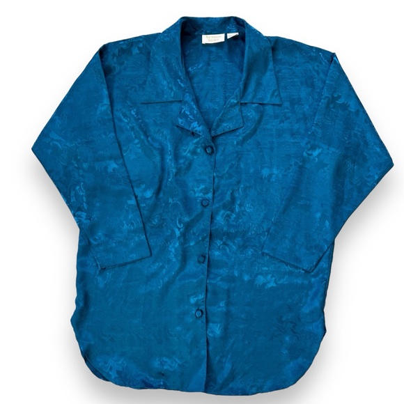 Vintage Gold Label Victoria’s Secret Sleep Shirt Teal Jacquard Print - Picture 3 of 10